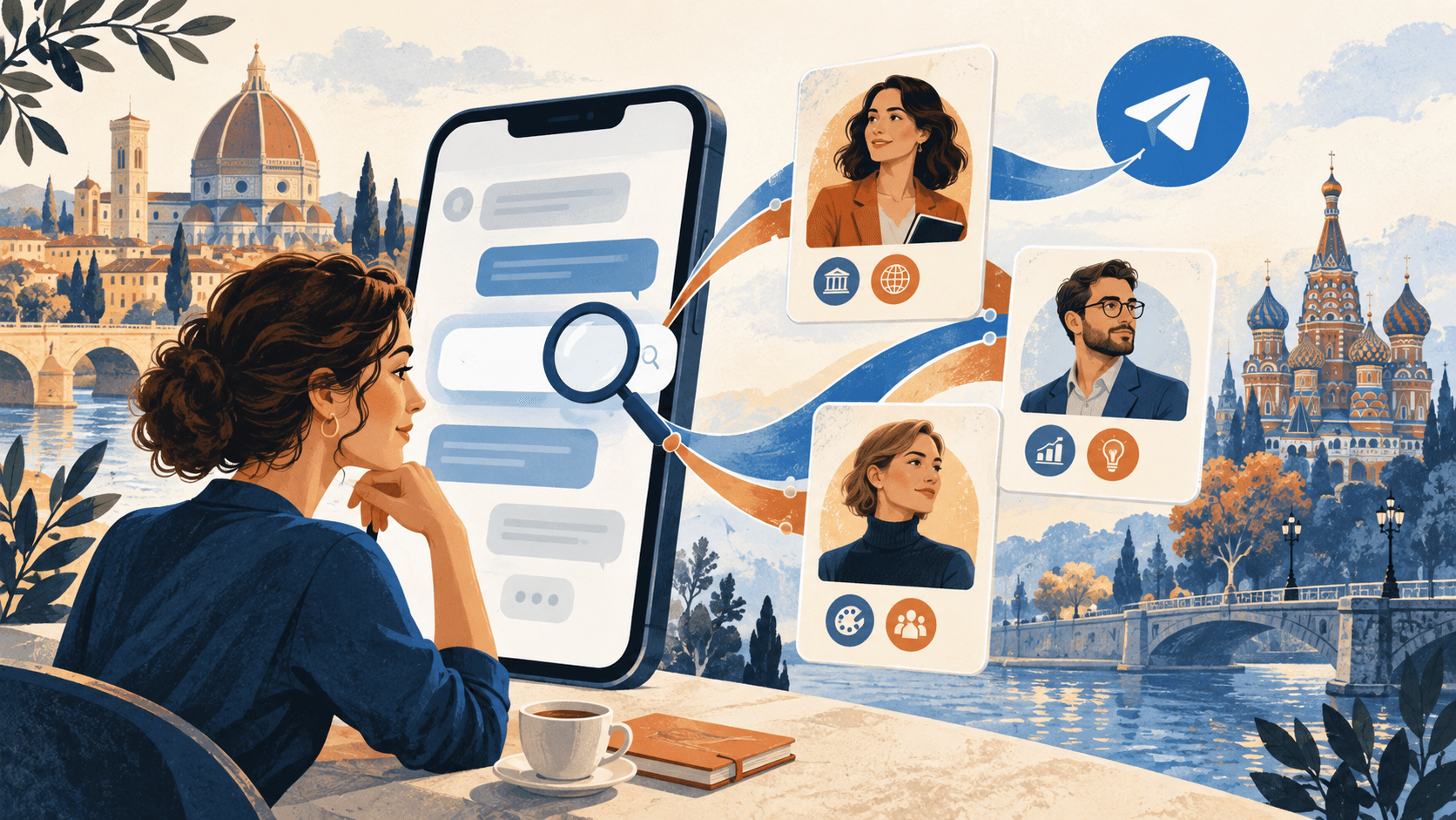 Una ricerca in chat collega tre schede professionali, tra architetture italiane e russe e il simbolo di Telegram.